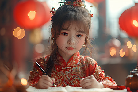 写新年祝福的小女孩背景图片