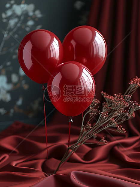 红色绸缎和红色的气球图片