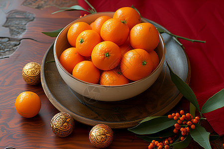 木质果盘上的橙子背景图片