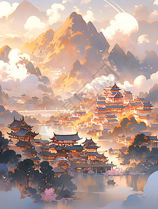 山水建筑风景插画背景图片