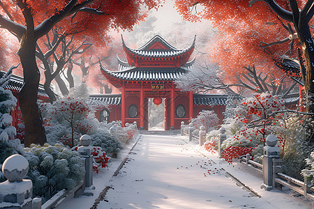 冬日红墙下飘雪的美景高清图片