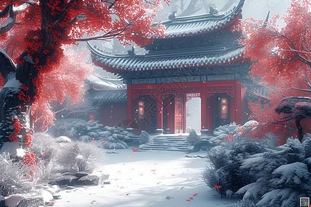 冬日红墙白雪美景图片