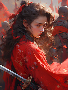 红衣剑女图片