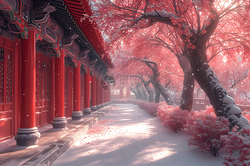 中国宫殿的雪景图片
