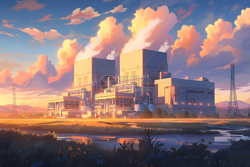 清晨暖光映照下的地热发电厂图片