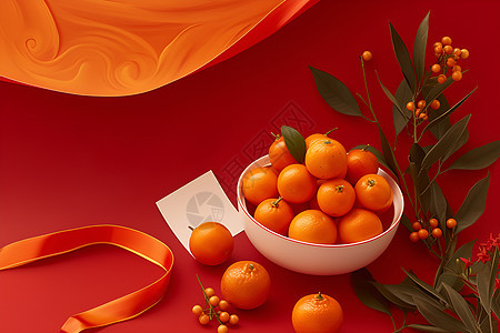 红色背景上的橘子图片