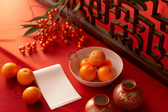 喜庆新年背景上的橘子图片