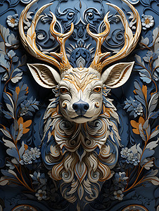 蓝色瓷砖背景上的鹿头图片