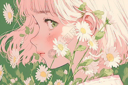 少女与雏菊的美丽插画图片