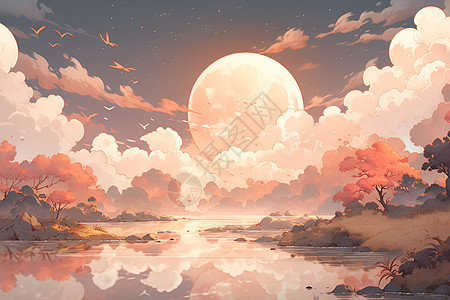 插画的月亮云层背景图片