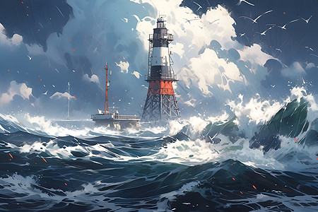 暴雨海洋中的建筑灯塔插画
