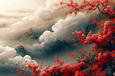 山脉上的红色花朵图片