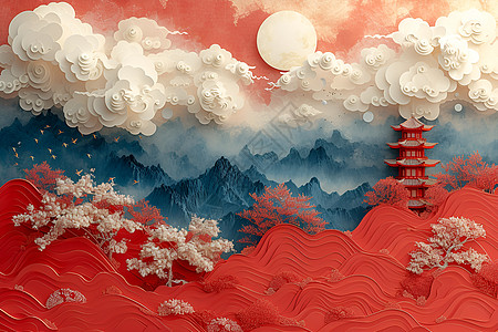 红色抽象山脉上的建筑图片