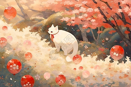 花丛中的白色小猫背景图片