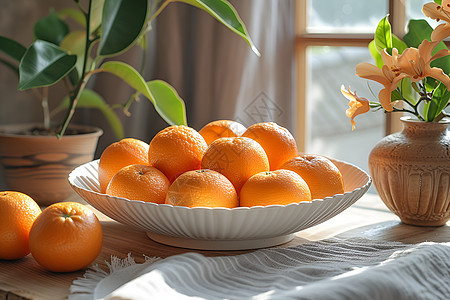 盘子中成熟的橘子图片