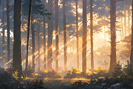 阳光穿过高大的森林图片