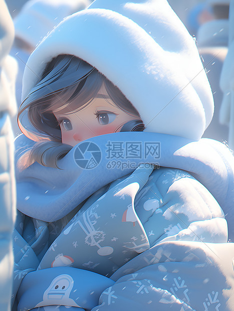 冬日的蓝袄小女孩图片