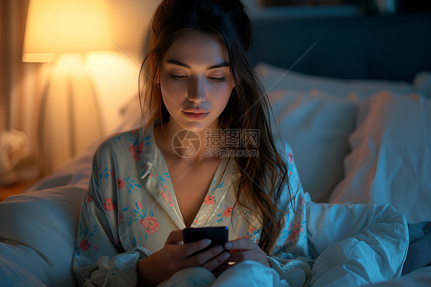 女子在床上看手机图片
