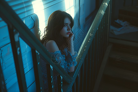 黑暗中靠在楼梯扶手上的女人图片