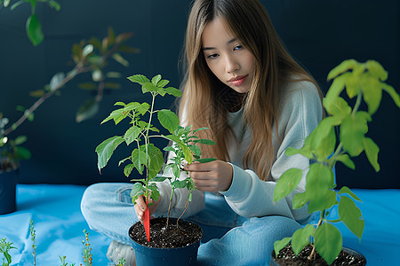 修建绿植的女孩图片