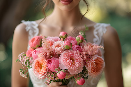 新娘手捧粉色花朵图片