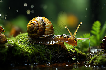 雨中森林中一只蜗牛图片