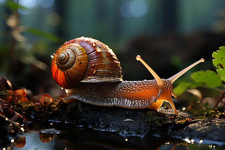 森林中爬行的蜗牛高清图片