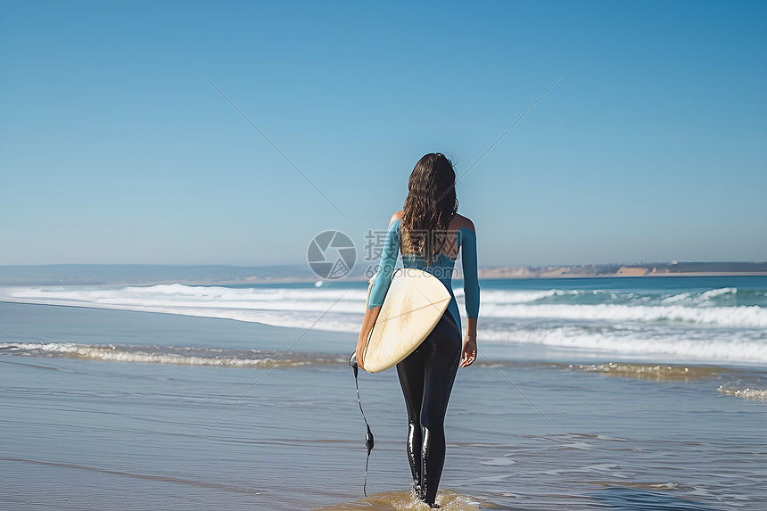 海滩上一个女人拿着冲浪板图片