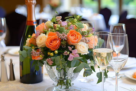 桌上的鲜花和美酒背景图片