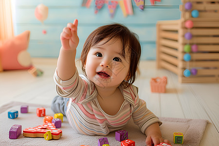 可爱背景宝宝在儿童房玩积木背景