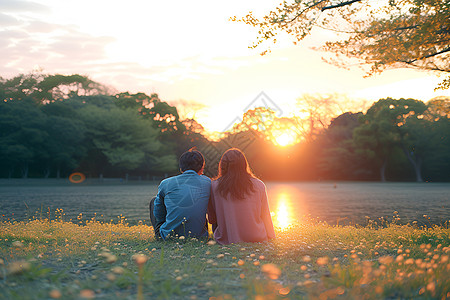 公园时光夕阳照耀下的浪漫时光背景
