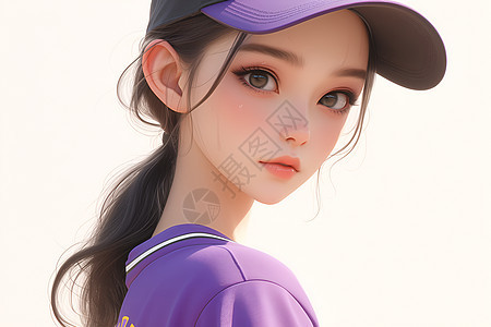 紫色球帽下的亚洲少女图片