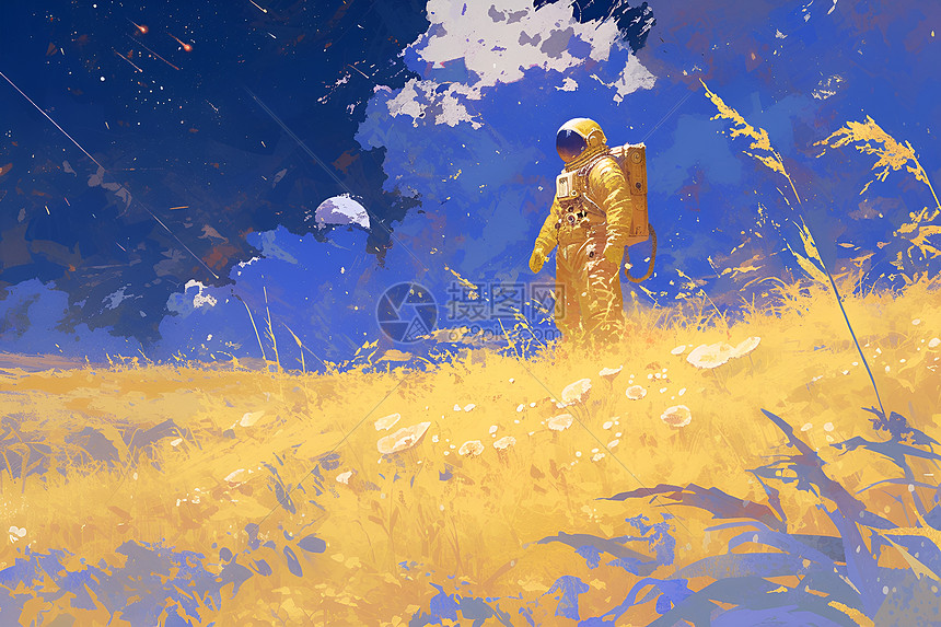 宇航员在草花丛中漫步图片