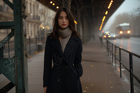 黑色外套的女子站在人行道上背景图片