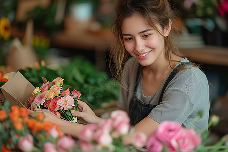 花店制作花束的女孩高清图片