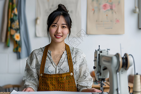 缝纫女工缝纫车间中工作的女孩背景