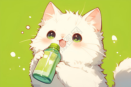 拿着绿色瓶子的猫咪图片