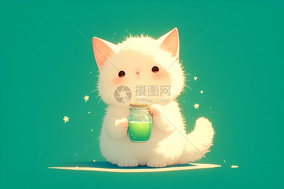 可爱的白猫玩瓶子图片