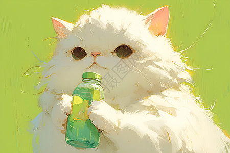 可爱猫咪拿着饮料图片