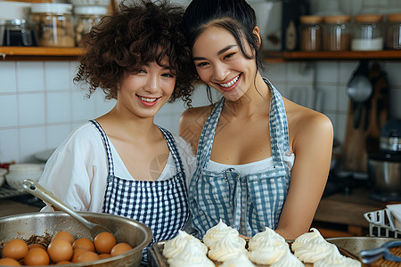 两位女性在厨房里准备甜点图片