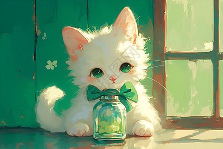 可爱的白色小猫与瓶子图片