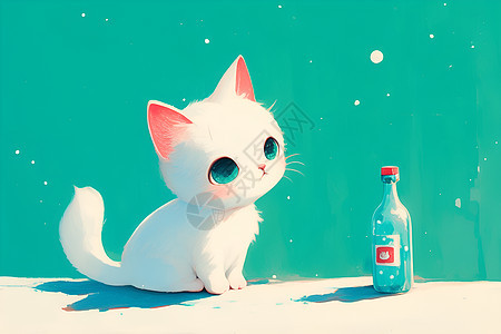 可爱的白猫与瓶子图片