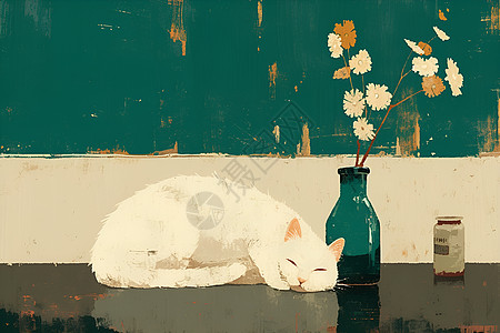 猫咪与瓶子的插画图片