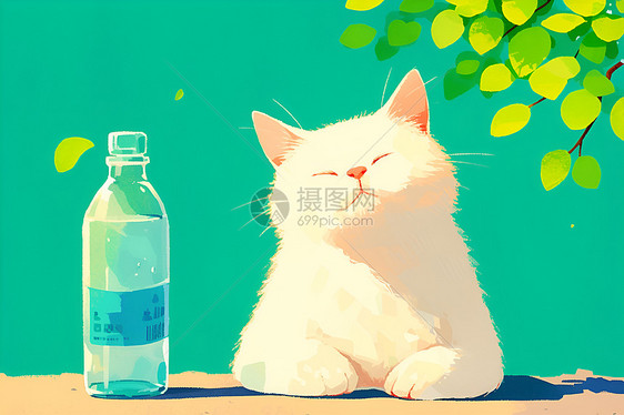 可爱的白猫和水瓶图片