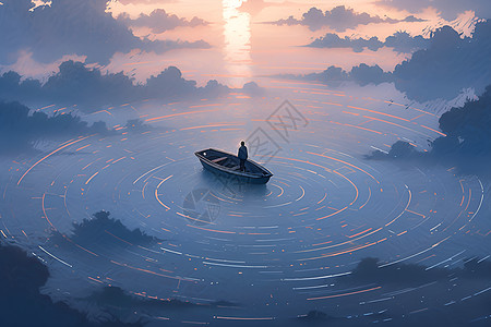 雾湖面上的一艘孤独小船插画