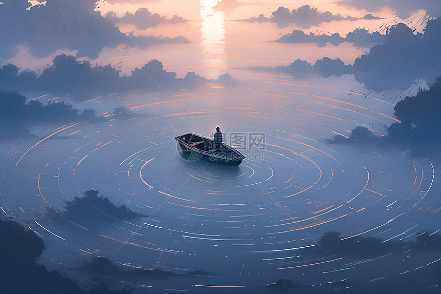 湖面上的一艘孤独小船图片