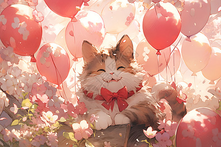 粉色气球和微笑的猫咪图片