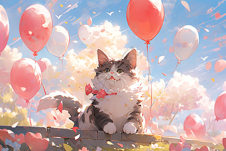 猫儿和气球的浪漫插画图片