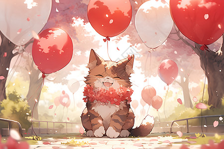 红 金纸猫咪与红气球的欢乐时刻插画