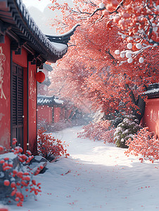 中国宫殿中的雪景中图片